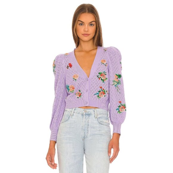 Alice + Olivia Morita Lavender Multi Floral Puff Sleeve Cardigan XS - Picture 3 of 15